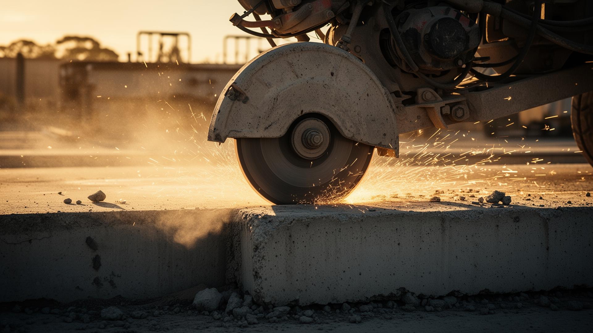 Concrete saw cutting a slab at golden hour